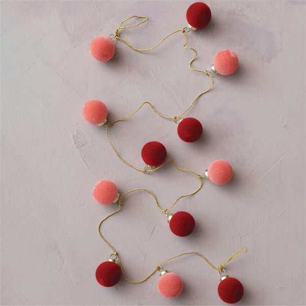 Pink & Red Flocked Glass Ball Ornament Garland